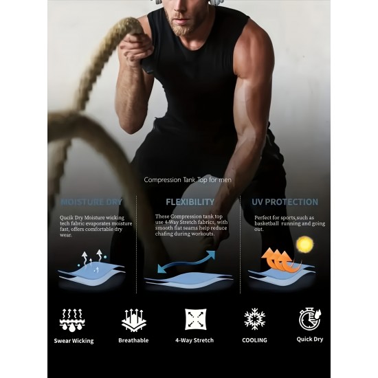 High Stretch Quick Dry Men's Solid Tank Top, Active Crew Neck Sleeveless Top for Summer Outdoor