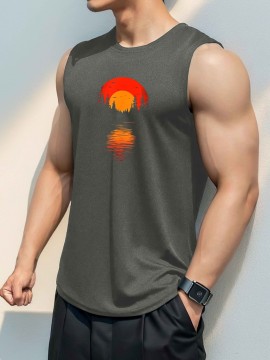 Men'S Casual Crew Neck Tank Top, 100% Polyester Knit Fabric, Regular Fit, Geometric Sunset Pattern, Slight Stretch, for Summer Sleeveless Shirt