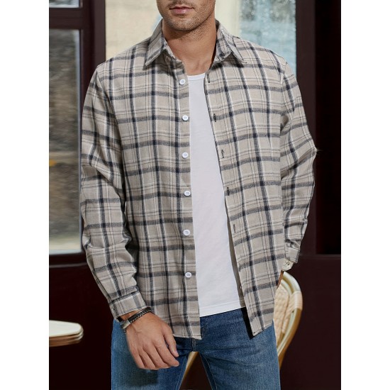 Plus Size Men's Plaid Shirt Oversized Long Sleeve Shirt For Fall Winter, Men's Clothing