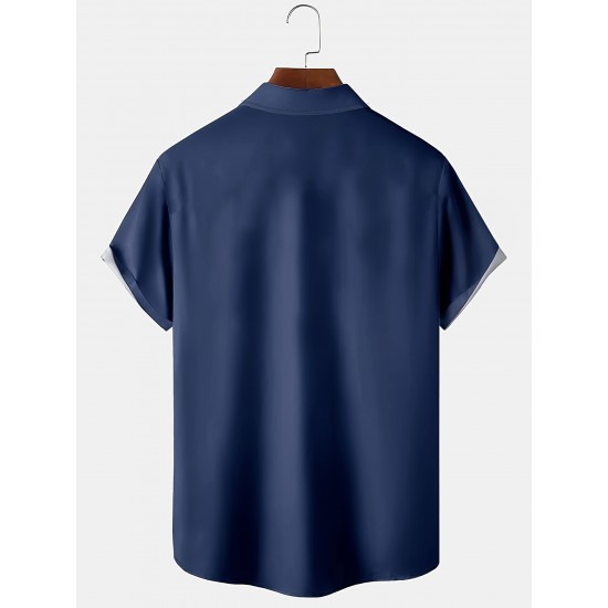 Plus Size Retro Bowling Geometric Graphic Print Short Sleeve Buttons Pocket Men's Shirt